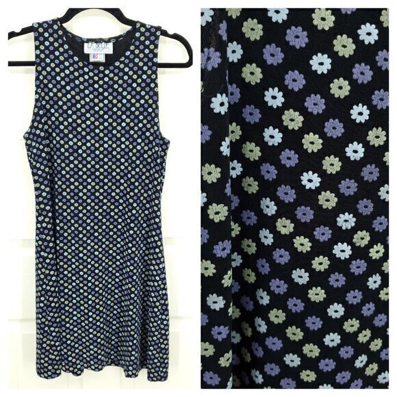 VTG 90s La Belle Floral Textured Print Stretchy Mini Sheath Dress L Black/Purple - Picture 1 of 16